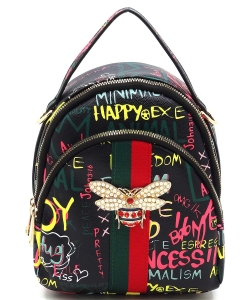 Graffiti Queen Bee Stripe Convertible Backpack Satchel GP2751B BLACK